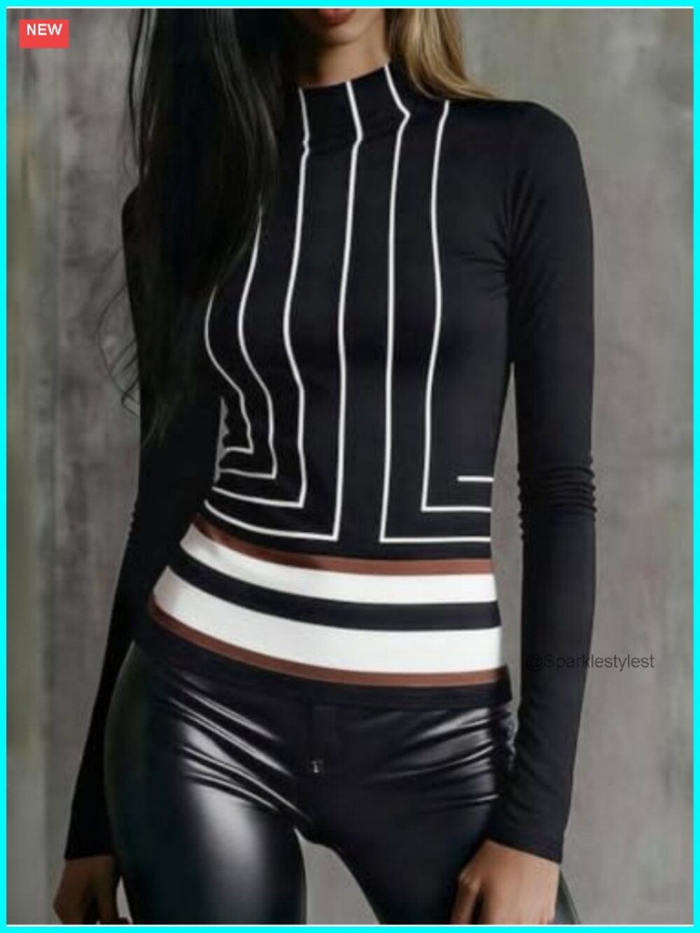 Women's Geometric Line Mock Neck Long Sleeve Slim Fit Casual Sweatshirt